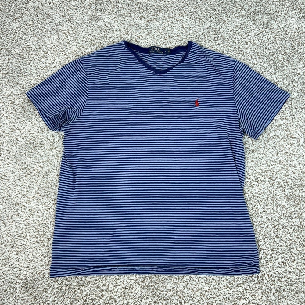 Polo Ralph Lauren Shirt Mens Large Blue Striped‎ V Neck Red Pony Logo Tee Preppy